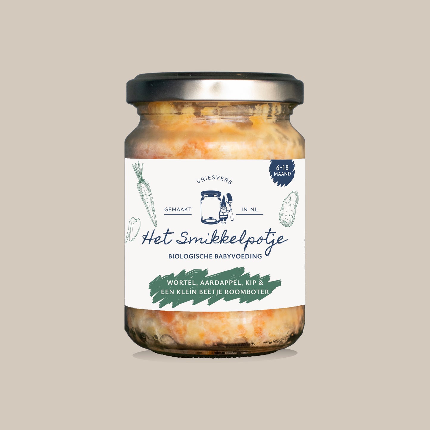 Wortel, aardappel, kip en een klein beetje roomboter.
