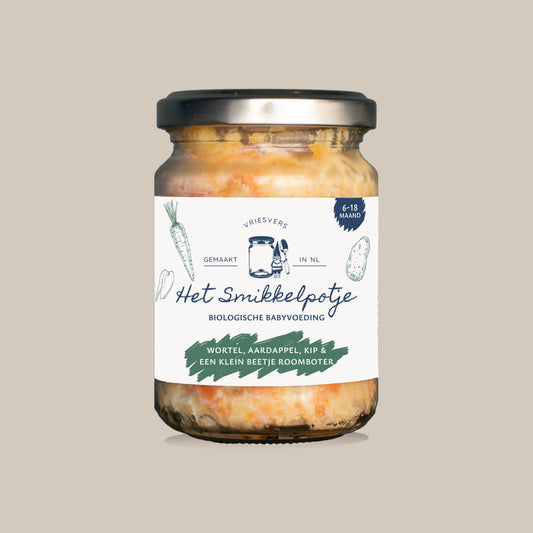 Wortel, aardappel, kip en een klein beetje roomboter.